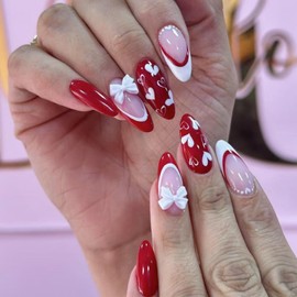 NBNTGH French Tip Press on Nails Red Fake Nails Medium Almond False Nails with 3D Bow Design Nude Glue on Nails Glossy Acrylic Full Cover Heart Stick on Nails for Women Manicure