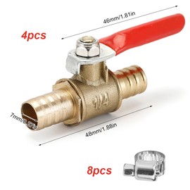 Pack of 4 8 mm Brass Ball Valve with Barb, Ball Valve Shut-off Valve with 8 Clamps, 180° Actuation Handle, Valve Pipe Fittings for Air, Gas Fuel Line, Shut-off
