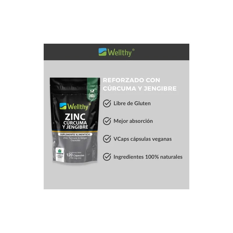 Zinc, Curcuma Y Jengibre 120 Caps Wellthy