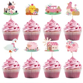 UVTQSSP 32 Pack Pink Farm Birthday Cupcake Topper Farm Decorations Lovely Farm Theme Party Supplies Baby Shower Decorations Barnyard Barn Birthday Decorations Animals Paper Kids Girl Boy Cute