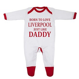 'Born To Love Liverpool Just Like Daddy' Baby Boy Girl Sleepsuit Designed and Printed in the UK Using 100% Fine Combed Cotton (0-3 Months, White/Red Trim)