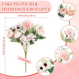 Tigeen 24 Bundles Peonies Artificial Flowers Faux Roses Artificial Flowers Hydrangea Bouquet for Wedding Table Centerpiece Floral Vase Home Office Bridal Decor(Purple,Pink)
