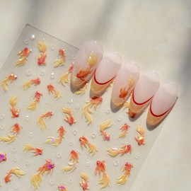 LIFOOST Golden Koi Fish Nail Art Stickers 5D Embossed Goldfish Bubble Design Self-Adhesive Shell Light Nail Decals for Women DIY Manicure, Press on, Home or Salon Use