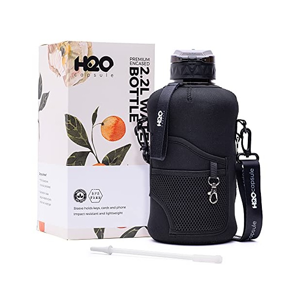 H2O Capsule 2.2L Half Gallon Water Bottle with Storage Sleeve and Removable Straw – BPA Free Large Reusable Drink Container with Handle - Big Sports Jug, 2.2 Liter (74 Ounce), Jet Black