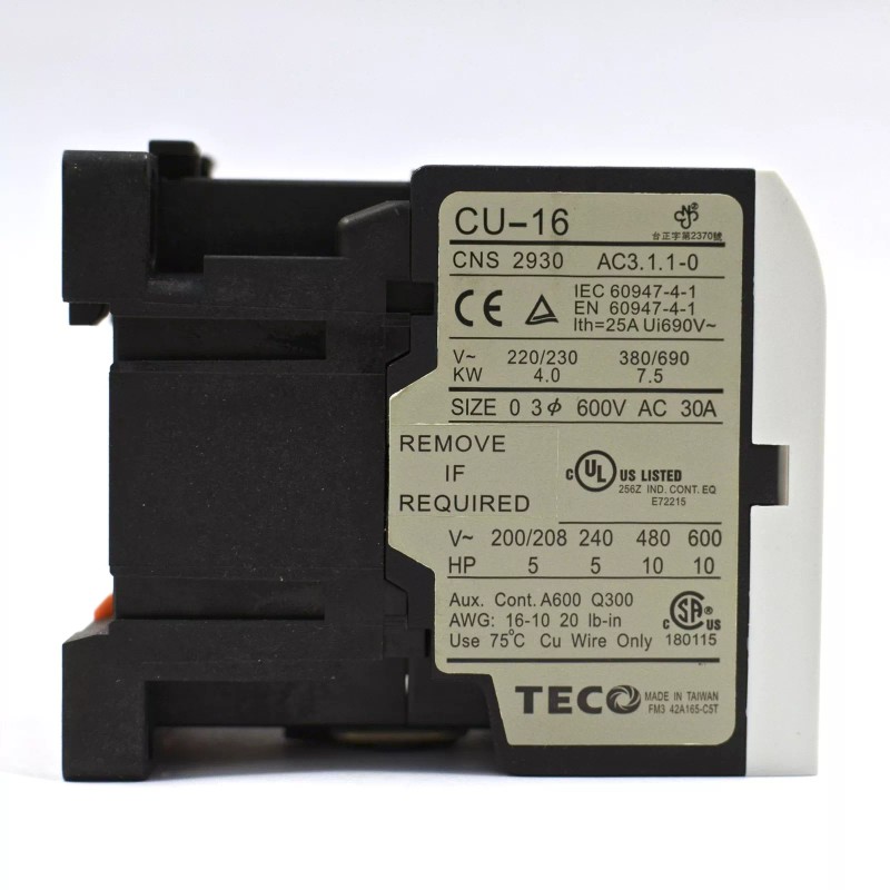 TECO CU-16 Magnetic Contactor, 220VAC Coil Voltage, 3A1b Contacts NC