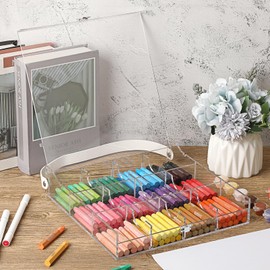 BTSKY Clear Acrylic Crayon Boxes with PU Leather Handle & Silver Latch, 12-Compartment Adjustable Crayon Caddy for Bulk Crayons Storage, Portable Clear Organizer for Art & Craft Supplies