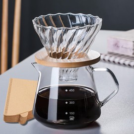 FGIUKC Coffee Server, Heat Resistant Glass, Bamboo Holder, Coffee Dripper 600ml with Graduated Mark, For 2-4 People, Coffee Drip Equipment, Microwavable, V60 Dripper Hand Drip Coffee Server, Coffee