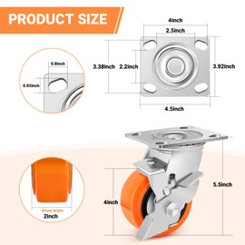 Humagineer 4 Inch Industrial Casters - Heavy Duty Caster Wheels Set of 4, Polyurethane Wheel Capacity up to 2500 lbs, Plate Swivel Caster Use for Workbenches, Platform Truck, Dollies Cart(4 Brake)