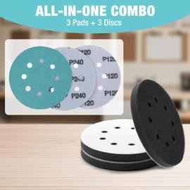 WORKPRO 5 Inch Orbital Sander Interface Pads and Sanding Discs, 3 Foam Buffer Pads & 3 Grit Sandpaper (80/120/240), 8 Hole Hook and Loop Soft Cushion Sponge Backing for Sander