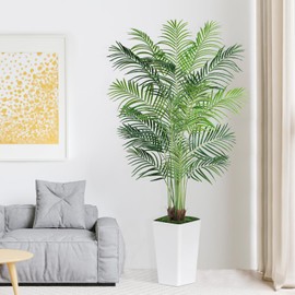 Keeplush 7ft Artificial Palm Tree with White Planter-Tall Artificial Indoor Plants, Fake Tropical Palm Tree, Faux Silk Plants for Home Office Living Room Bedroom Modern Decor