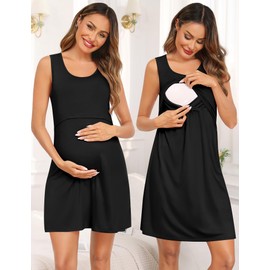 SWOMOG Women Maternity Nursing Gown and 3/4 Sleeve Robe Set Labor Delivery Nightgown Breastfeeding Hospital Bathrobe, Black Medium