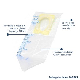 Pediatric Urine Bag Collector 200 ml - Disposable Clear Pee Holder, Spill Proof Urine Bag Drainage Bag for Urinary Incontinence, 100 PCS