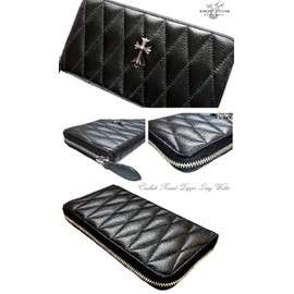 Deep Zone Long Wallet, Genuine Leather, Quilting, Cross, Round Zipper, Black, Black