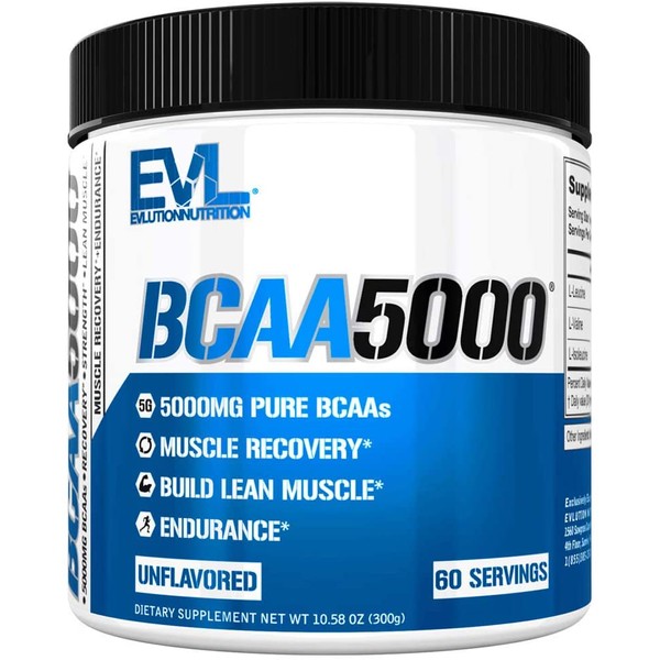 Evlution Nutrition BCAA5000 Powder 5 Grams of Branched Chain Amino Acids (BCAAs) Essential for Performance, Recovery, Endurance, Muscle Building, Keto Friendly, Zero Sugar, 60 Servings, Unflavored