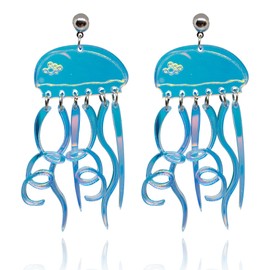 QUPENGXU Cute Colorful Laser Jellyfish Earrings Long Tassel Wavy Earrings Acrylic Dangle Ear Studs For Women (jellyfish)