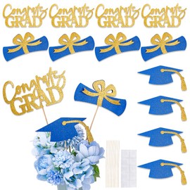 PH PandaHall 12pcs Graduation Party Decorations Double Sided Graduation Centerpiece Sticks Table Topper Supplies Grad Party Glitter Cutouts Colleage Guaduation Picks with Bar & Glue, Blue