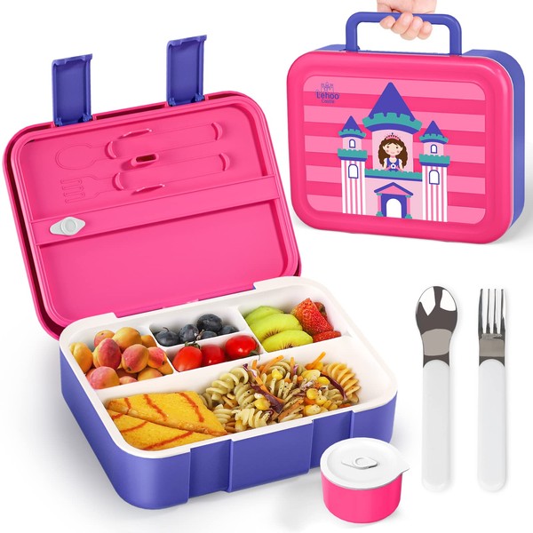 Lehoo Castle Bento Lunch Box for Kids, 1250ml Bento Box Lunch Containers with 5 compartments, Kids Bento Lunch Box with Sauce Jar/Spoon & Fork (Princess)