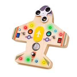 Montessori Toddler Busy Board, Baby Airplane Wooden Busy Board with 10 LED Light switches, Sensory Board Toys Light Educational Switch Toys Travel Toys for Boys Girls Gifts for Birthday Christmas