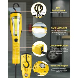 WILAWELS 18W LED Work Light, 25FT 2000LM COB LED Light, Handheld Underhood Trouble Light with Cord 16 Gauge SJTW, Swivel Hook, for Garage, Workshop, Car Repair Scene, ETL Listed, Yellow Y04WL06