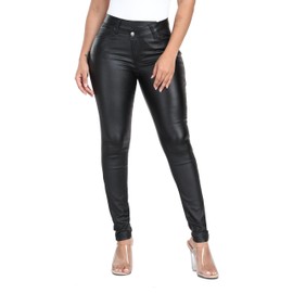 WAYRUNZ Women's Faux Leather Stretch Skinny Pants High Waisted Crossover PU Leather Leggings Pants(079-Black,7)