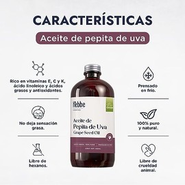 HEBBE - Aceite de Uva Pepita 500 ml | Combate Líneas de Expresión | Estimula Producción de Colágeno y Elastina | No Obstruye Poros | Hidratante de Pie