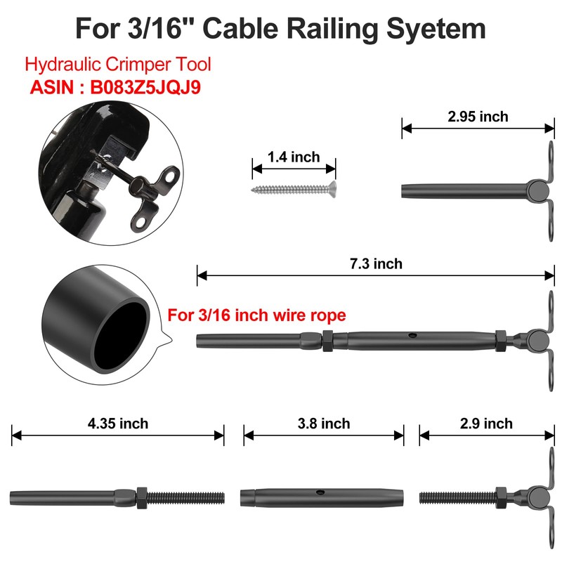 BLIKA 10 Pairs 3/16" Black Cable Railing Kits, T316 Stainless