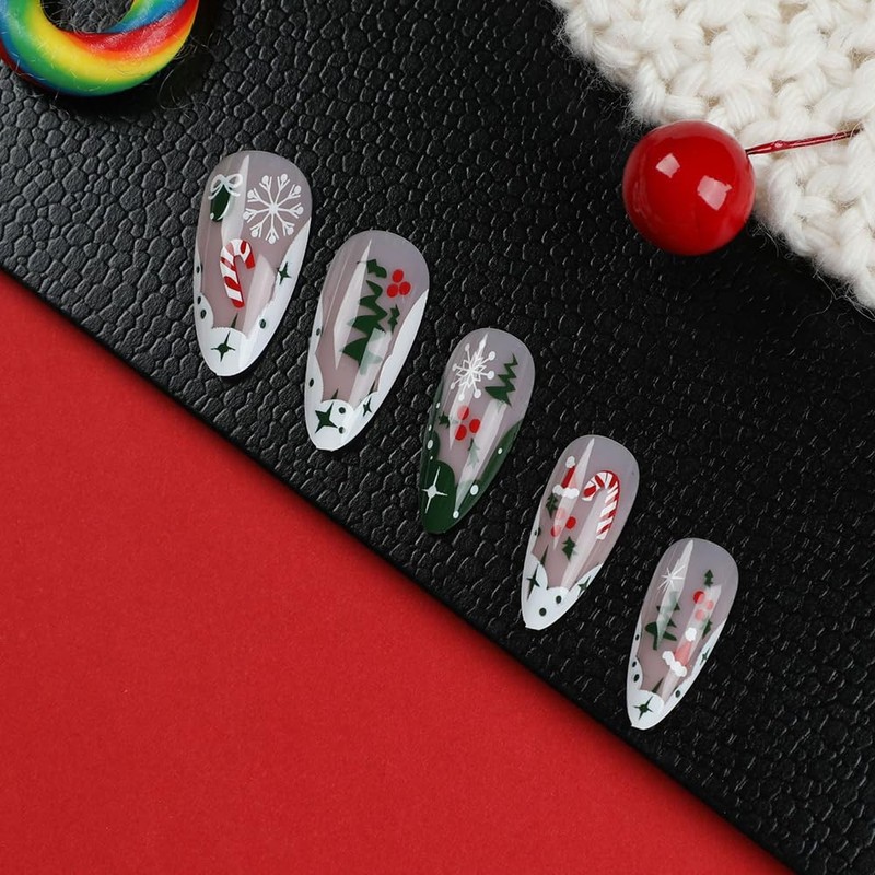 Christmas Press on Nails Almond French Tip Fake Nails Medium