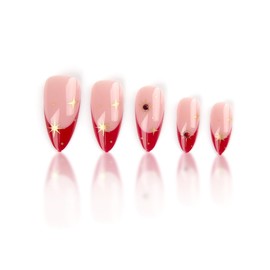 French Tip Press on Nails Almond Medium Fake Nails Star Acrylic Nails Red False Nails with Rhinestone Glue on Nails for Women Girls Nails Decoration Manicure 24Pcs