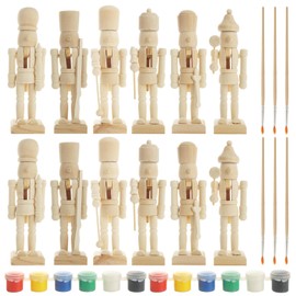 LOLYSIC 12 Pack Unpainted Nutcracker, Wooden Nutcracker Unfinished DIY Craft Christmas Decor, DIY Nutcracker, 4.7 Inch, with Paint and Brushes