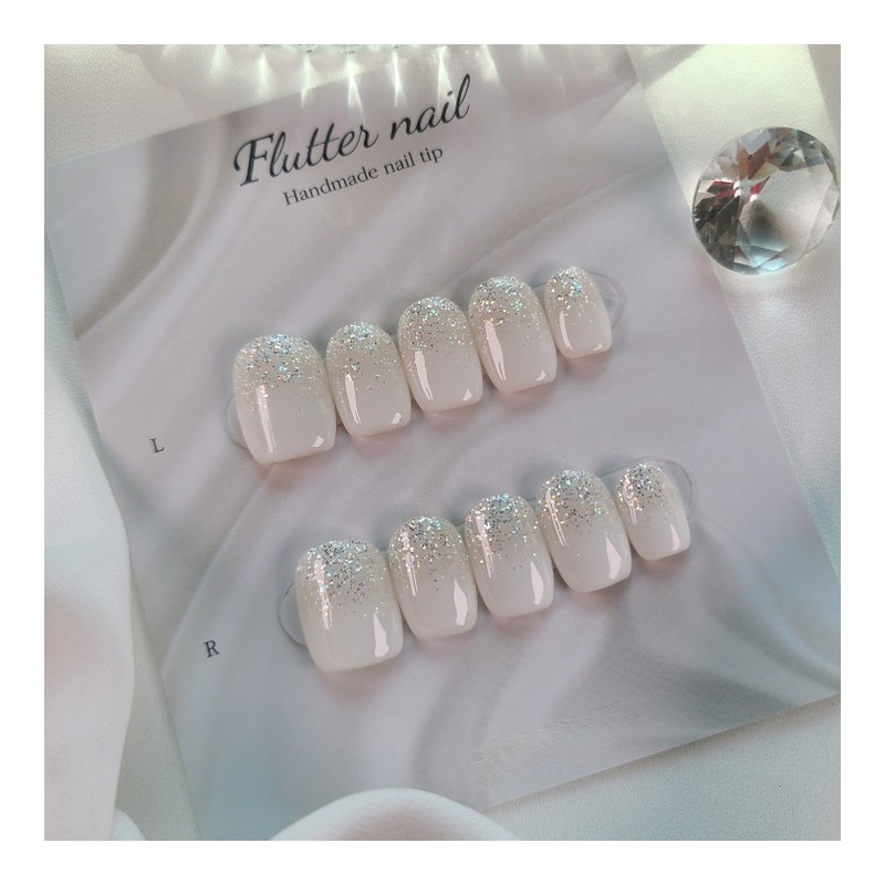 White glitter gradient handmade nail tip - Short Square /