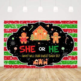 Ticuenicoa Christmas Gender Reveal Backdrop 5x3ft Gingerbread Man He or She What's Baking Party Decorations Banner Winter Boy or Girl Cookies Bakery Xmas Background Photobooth Props