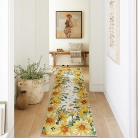Artoid Mode Yellow Daisy Summer Floral Runner Rug, Spring Home Decor Low-Profile Non-Slip Washable Area Rug for Entryway Bedroom Kithcen Bath Room Laundry Room Indoor 2'6''x8'