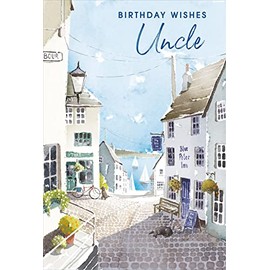 Nigel Quiney Uncle' Birthday Card for Men - Watercolour Cobbled Street Coastal Scene with Foil Detail - Eco-Friendly & Recyclable