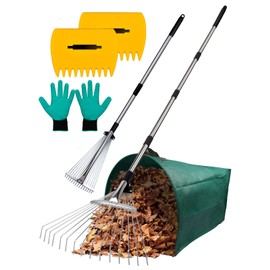 Adjustable Metal Leaf Rake Set Garden Rake for Leaves Long Handle 37"-63" Expandable Head Gardening Tools Set Includes 44 Gallon Bag & Scoop & Gloves Rakes for Lawns Heavy Duty for Yard Lawn Garden