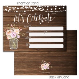 25 Let's Celebrate invites. Blank rustic, wood, mason jar, vintage, floral, string lights bridal shower or luncheon, rehearsal dinner, baby shower, graduation party invitations. Envelopes included!