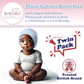 Soft Touch Newborn Essentials Baby Hats, 100% Cotton, Baby Essentials for Newborn Boy and Baby Girl Twin Pack (Newborn Hat + 0-3 Months)