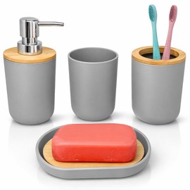 Accesorios para Baño Juego de 4 Accesorios De Baño, Dispensador de Jabón, Porta Cepillos y Vaso, Diseño Elegante y Funcional (Gris)