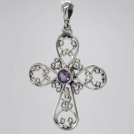 Amber America Facetted Purple AMETHYST Cross Pendant - 925 STERLING SILVER Natural #28e