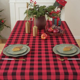 Alsoo Christmas Checkered Tablecloth Rectangle Cotton Linen Fabric Gingham Table Cloth Buffalo Plaid Table Cover with Tassel Wrinkle Free Washable for Kitchen Holiday Dining, Red and Black, 55X75''