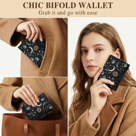 Mayski Celestial Moon Small RFID Wallet Women, PU Leather Bifold Zipper Coin Pocket Compact Cash Credit Card Holder Purse, Cute Travel Wallet for Female Ladies Teen Girls, 4 ID Window 14 Card Slots