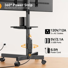 Perlegear Mobile TV Cart, Clip-On Integrated Power Supply, Rolling TV Stand Portable for 23-60″ TVs (up to 88 lbs), 3 Height Levels with Adjustable Tray, TV Stand with Wheels, Max VESA 400x400mm