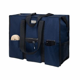 TOPDesign Bolsa de mano resistente al agua con 13 bolsillos exteriores e interiores, cierre de cremallera superior y soporte inferior grueso, Azul / Patchwork, Mediano