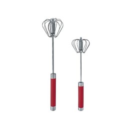 Balevi Stainless Steel Push Whisk - Easy to Use Manual Hand Mixer & Plunger Whisk - Make Froth, Foam & Whipped Cream - Semi Auto Egg Beater Plastic Tip Won’t Scratch Pans (2 Pack 10in & 12in) RED