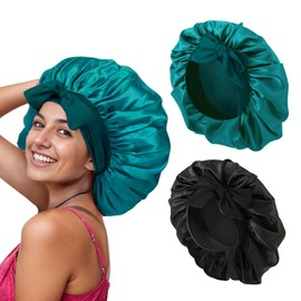 Satin Hair Bonnet for Women Sleeping - 2PCS Silk Bonnet for Sleeping Curly Hair, Soft Breathable Satin Bonnet Sleep Cap with Tie Band Hair Wrap Cap for Sleeping