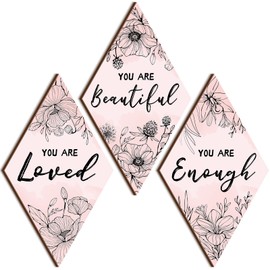 Sintuff 3 Pcs Wooden Wall Decor for Bedroom Inspirational Wall Art Rustic Flower Wall Art Quotes Wall Decor Farmhouse Wooden Hanging Signs for Living Room Home Office, 11.81 x 6.69 Inch(Pink Flower)