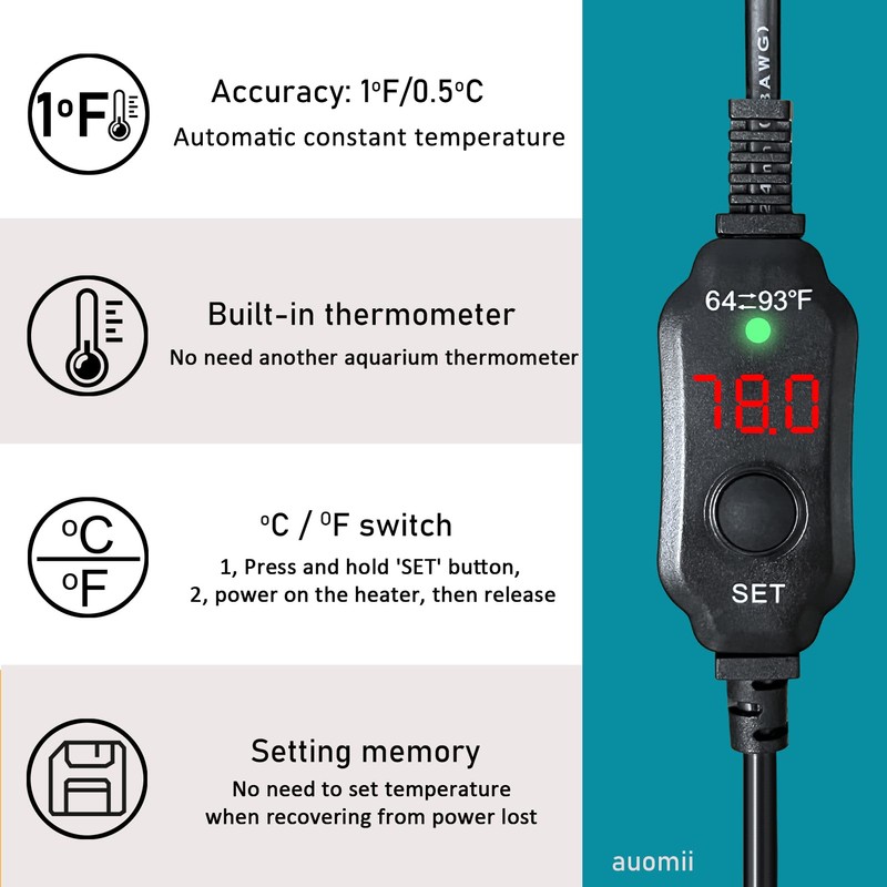 auomii Mini Submersible Aquarium Heater, 25/30/50/100/150/200 Watts Adjustable Fish Tank