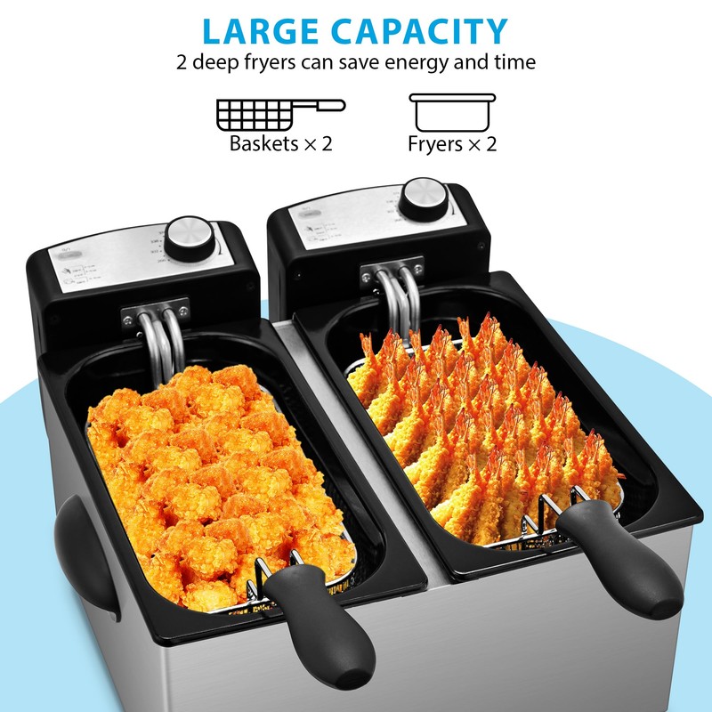 Pukomc Electric Double Deep Fryer with 2 Baskets & Lids,