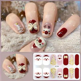 Christmas Nail Polish Strips Xmas Gel Nail Stickers Winter Nail Wraps Stickers Self-Adhesive Cute Reindeer Glitter Nail Art Design Decals Christmas Holiday Full Cover Sticker for DIY Manicure