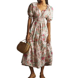 Womens 2024 Summer Maxi Dress Silhouette A-line Dresses Bohemian V-Neck Pleated Puffy Sleeves Floral Print Casual Dress (US, Alpha, Medium, Regular, Regular, Floral)