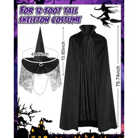 Tarpop Halloween 12 ft Skeleton Outfit Set Giant Skeleton Witch Theme Costume Includes Witch hat and Cloak for Halloween Decorations Outdoor Yard Haunted House Prop Decorations